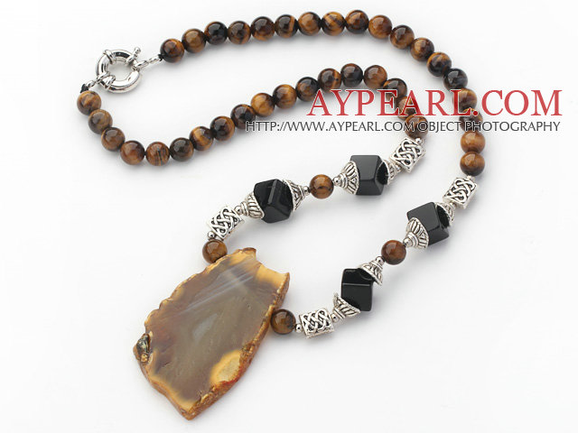 Tiger Eye Necklace with Irregular Shape Agate Slice Pendant and Tibet Silver Accessories