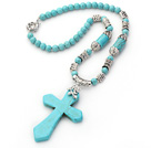 Wholesale New Design Turquoise Necklace with Cross Shape Turquoise Pendant and Tibet Silver Accessories