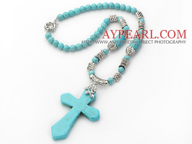New Design Turquoise Necklace with Cross Shape Turquoise Pendant and Tibet Silver Accessories