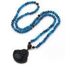 Collier Agate bleu moyen Style Long avec Onyx noir pendentif Bouddha en riant