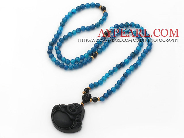 Medium lång stil blå agat halsband med svart Onyx skrattande Buddha hänge