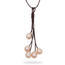 Simple Style 10-11mm Pink Freshwater Pearl Leather Tassel Necklace with Coffee Brown Leather