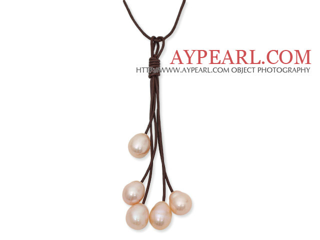 Simple Style 10-11mm Pink Freshwater Pearl Leather Tassel Necklace with Coffee Brown Leather