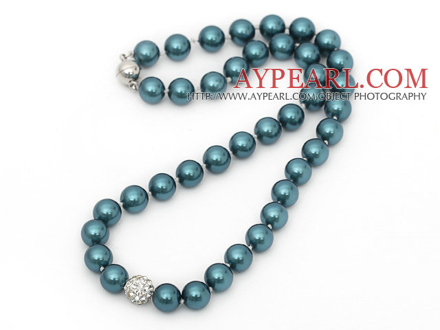 10mm Round Blue and Green Color Seashell Beaded Knotted Necklace with Round White Rhinestone Ball