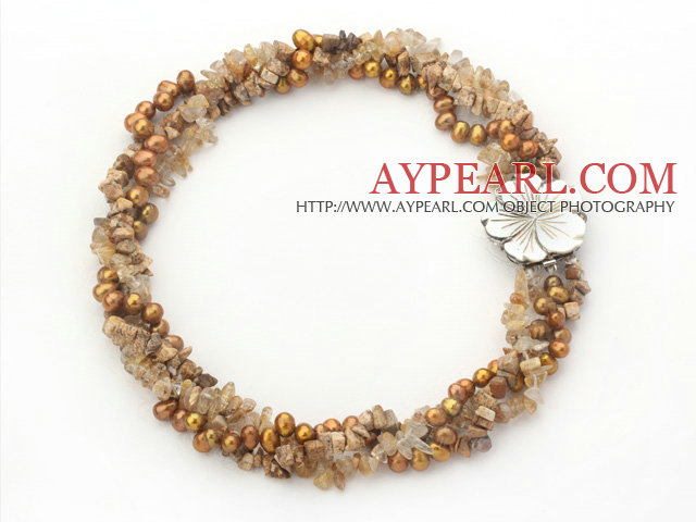 Multi Strands Golden Color Freshwater Pearl and Picture Jasper and Rutilated Quartz Twisted Necklace