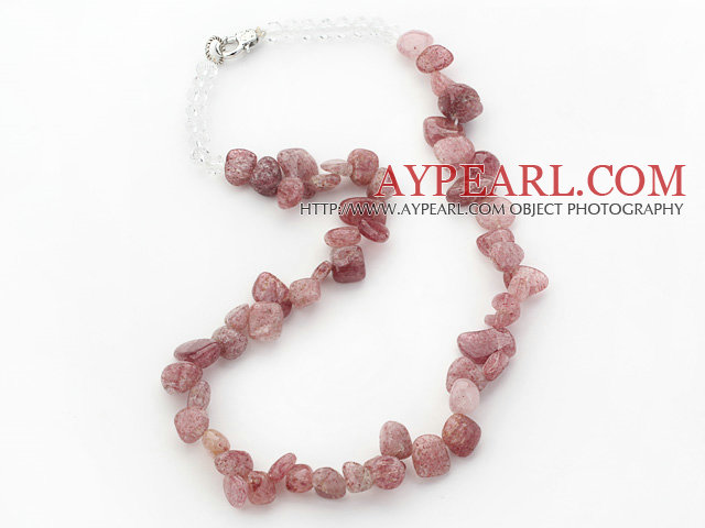 Pink Series Uregelmessig Shape Topp Boret Strawberry Quartz og Clear Crystal halskjede