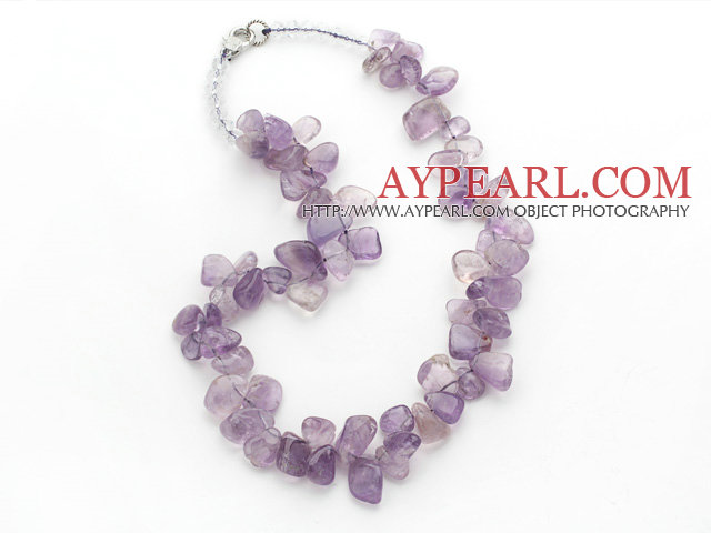 Lys Lilla Series Uregelmessig Shape Topp Boret Transparent Amethyst og Clear Crystal halskjede