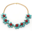 Assorted Green Turquoise and Red Coral Flower Necklace with Yellow Color Metal Chain