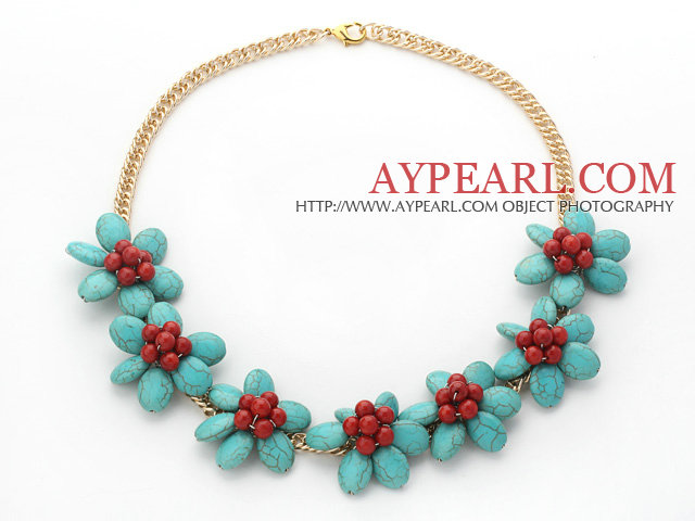 Assorted Green Turquoise and Red Coral Flower Necklace with Yellow Color Metal Chain