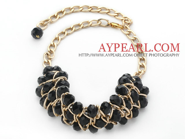 Fashion Design Black Crystal Statement Necklace with Yellow Color Metal Chain