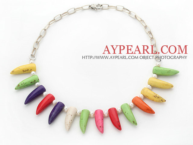 Assorted White Freshwater Pearl and Multi Color Teeth Shape Turquoise Necklace with Silver Color Metal Chain