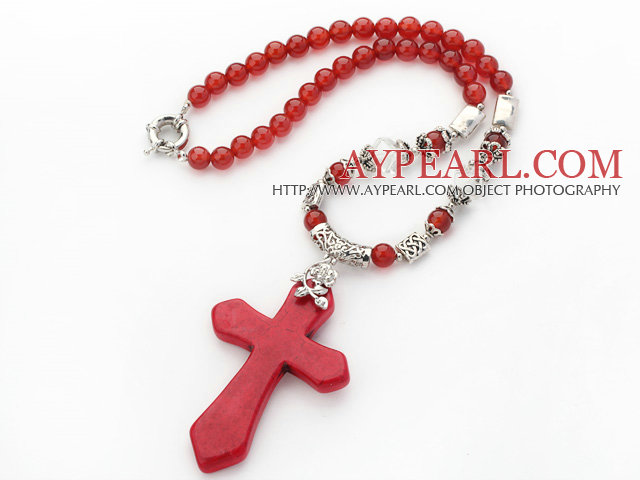 New Design Round Red Carnelian Necklace with Red Turquoise Cross Shape Pendant