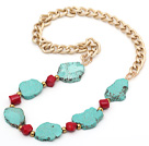 Assorted Irregular Shape Green Turquoise and Red Coral Necklace with Bold Yellow Color Metal Chain