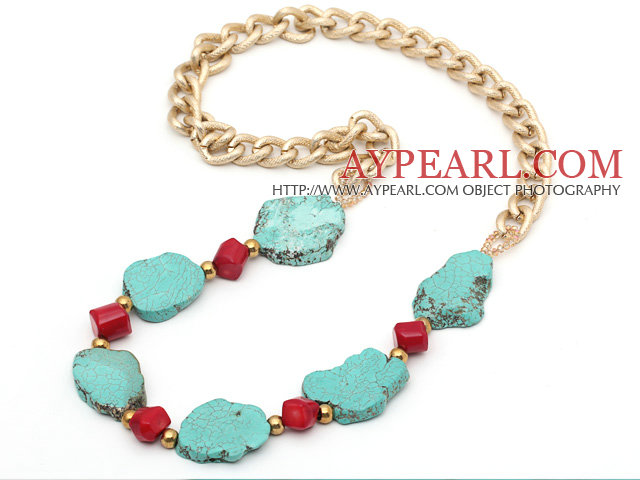 Assorted Irregular Shape Green Turquoise and Red Coral Necklace with Bold Yellow Color Metal Chain