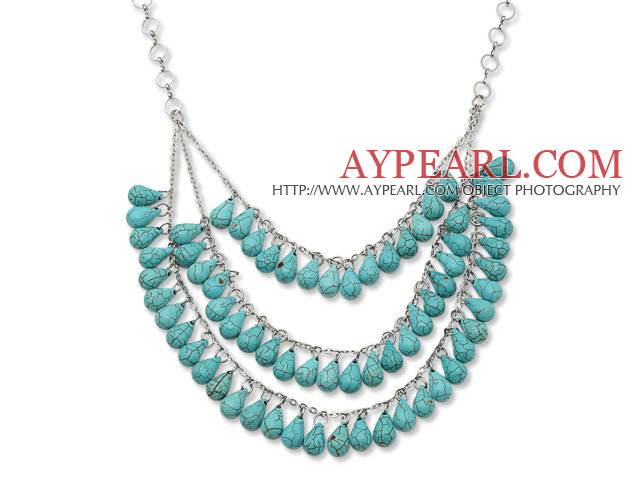 New Design Three Layer Teardrop Shape Green Turquoise Necklace with Silver Color Metal Chain