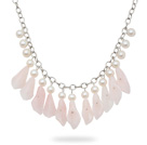 New Design A Grade Freshwater Pearl and Flower Shape Rose Quartz Necklace with Metal Chain