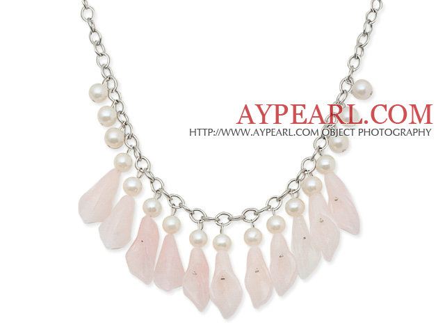 New Design A Grade Freshwater Pearl and Flower Shape Rose Quartz Necklace with Metal Chain