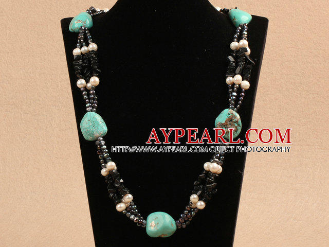 Unik design oregelbunden form Turquoise Natural White Pearl svart agat halsband