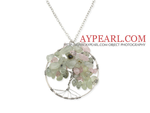 Rose Quartz and Prehnite Chips Tree of Life Pendant Necklace with Metal Chain