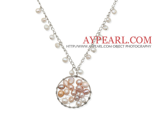 Ny Design Vit Sötvatten Pearl Halsband med Wire Wrapped Pearl Pendant och Metal Chain