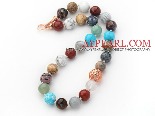 Assorted Round Shape 12mm Multi Color Multi Stone Beaded Knotted Necklace