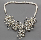 Wholesale White Freshwater Pearl and Gray Crystal and Black Crystal Flower Crocheted Necklace