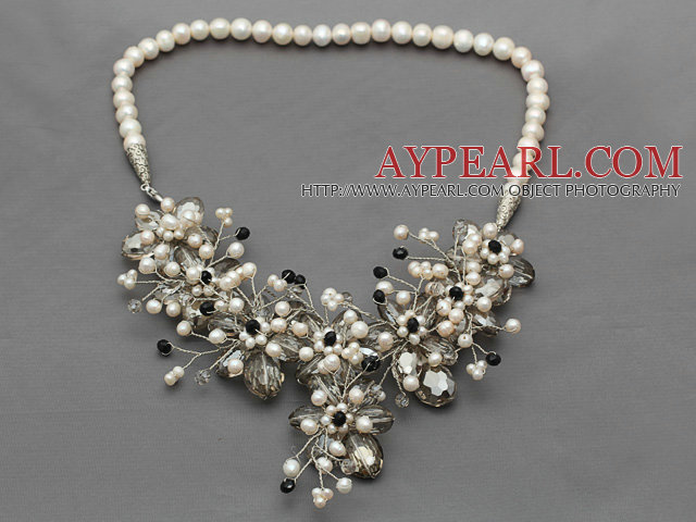 White Freshwater Pearl and Gray Crystal and Black Crystal Flower Crocheted Necklace