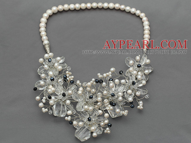 White Freshwater Pearl and Clear Crystal and Black Crystal Flower Crocheted Necklace