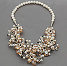 White Freshwater Pearl and Champagne Color Crystal Flower Crocheted Necklace