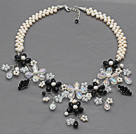 Wholesale White Freshwater Pearl and Clear Crystal and Black Crystal Flower Crocheted Necklace