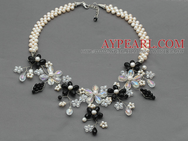 White Freshwater Pearl and Clear Crystal and Black Crystal Flower Crocheted Necklace