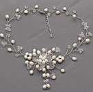 White Series White Freshwater Pearl and Clear Crystal Bridal Crocheted Necklace