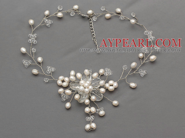 White Series White Freshwater Pearl and Clear Crystal Bridal Crocheted Necklace