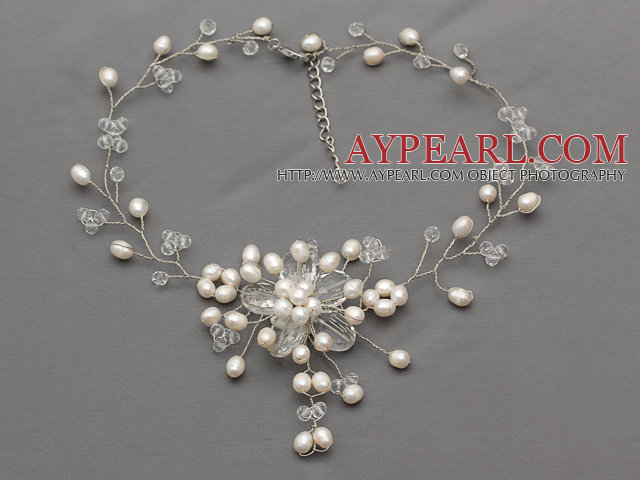 Vit Serie Vit Sötvatten Pearl och Clear Crystal Bridal Virkade halsband