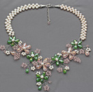 White Freshwater Pearl and Pink Crystal and Green Crystal Flower Crocheted Necklace