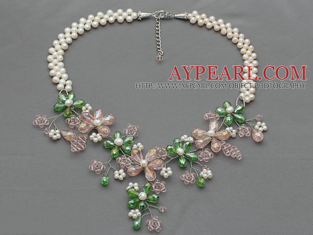 White Freshwater Pearl and Pink Crystal and Green Crystal Flower Crocheted Necklace