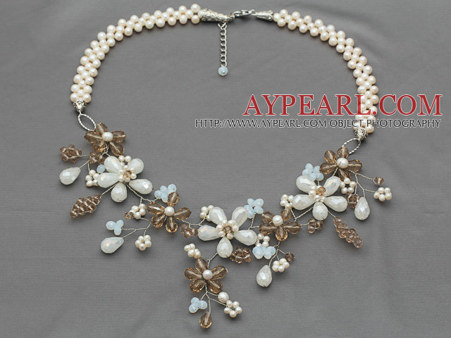 White Freshwater Pearl and Opal Crystal and Light Brown Crystal Flower Crocheted Necklace