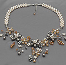 White Series White Freshwater Pearl and Orange and Gray Color Crystal Flower Necklace