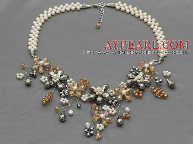 White Series White Freshwater Pearl and Orange and Gray Color Crystal Flower Necklace