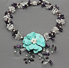 Assorted White Freshwater Pearl and Clear Crystal and Amethyst Chips Necklace with Turquoise Crocheted Flower