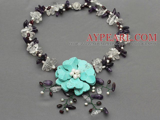 Assorted White Freshwater Pearl and Clear Crystal and Amethyst Chips Necklace with Turquoise Crocheted Flower