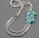 Wholesale Long Style Multi Layer White and Gray Freshwater Pearl and Turquoise Flower Necklace