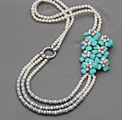 Long Style Multi Layer White and Gray Freshwater Pearl and Turquoise Flower Necklace