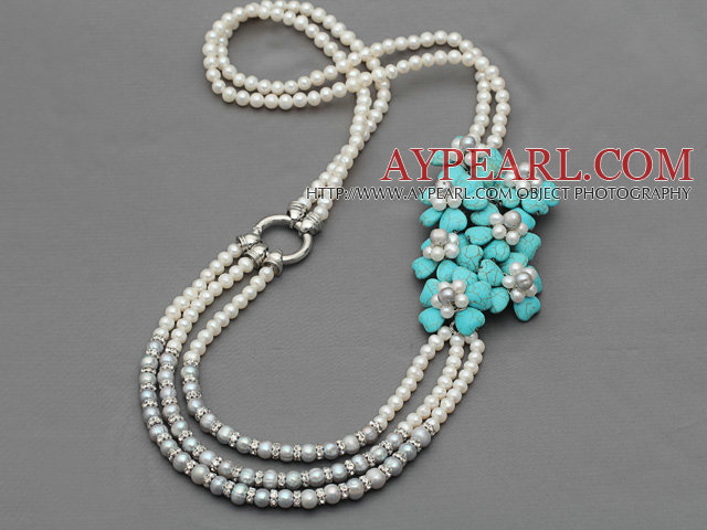 Long Style Multi Layer White and Gray Freshwater Pearl and Turquoise Flower Necklace