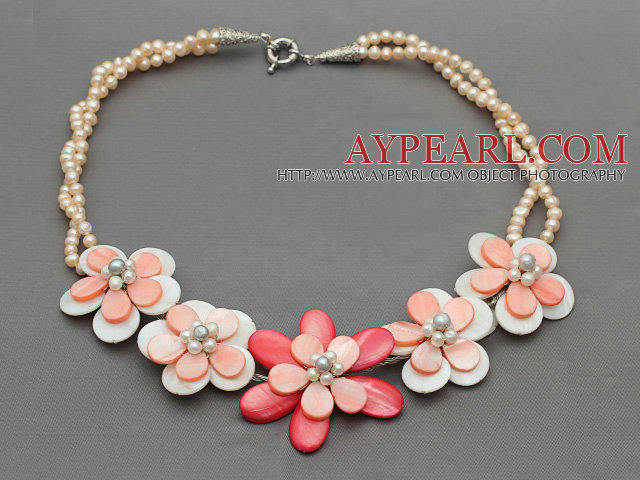 Pink Series Baby Pink Freshwater Pearl and White Pink Color Shell Flower Necklace