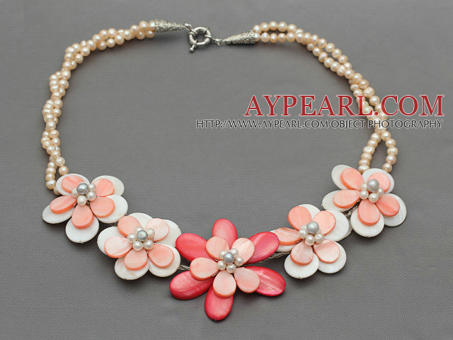 Pink Series Lys rosa ferskvannsperle and White Pink Color Shell Flower halskjede