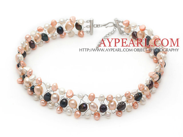 White Pink and Black Three Color Freshwater Pearl Wire Crocheted Choker Necklace
