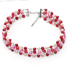 Hvit Pink and Red Three Color Freshwater Pearl Wire Heklet Choker Necklace