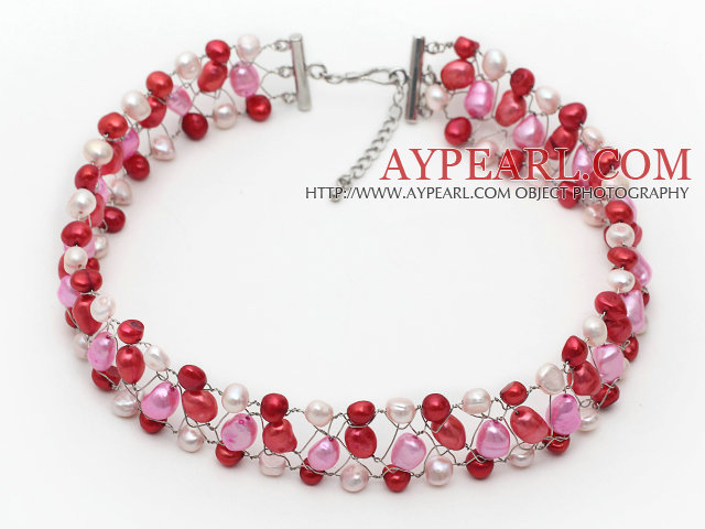 Hvit Pink and Red Three Color Freshwater Pearl Wire Heklet Choker Necklace