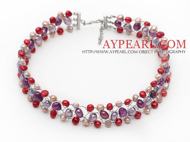 Roter rosa und violette Farbe Süßwasser-Zuchtperlen Draht gehäkelte Halsketten